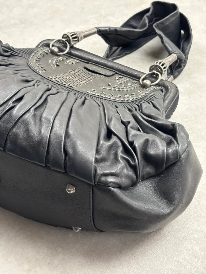 SS2007 Christian Dior Black Leather Pleated Embroidered Handle Bag hpNFOqs 8