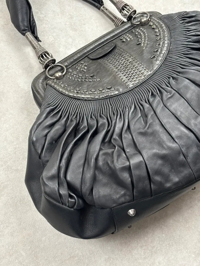 SS2007 Christian Dior Black Leather Pleated Embroidered Handle Bag hpNFOqs 14