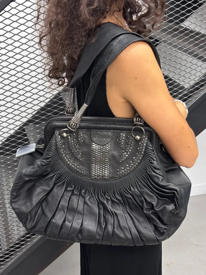 SS2007 Christian Dior Black Leather Pleated Embroidered Handle Bag hpNFOqs 2