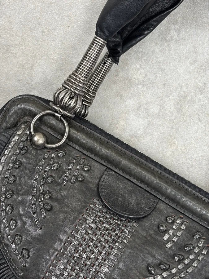 SS2007 Christian Dior Black Leather Pleated Embroidered Handle Bag hpNFOqs 13