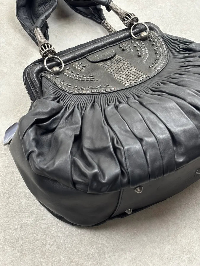 SS2007 Christian Dior Black Leather Pleated Embroidered Handle Bag hpNFOqs 7