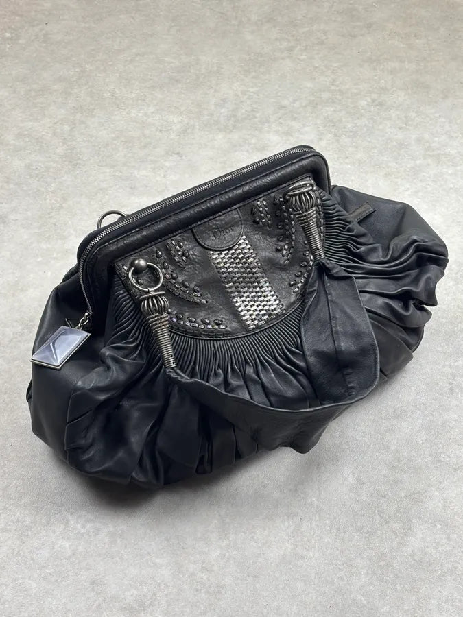 SS2007 Christian Dior Black Leather Pleated Embroidered Handle Bag hpNFOqs 3