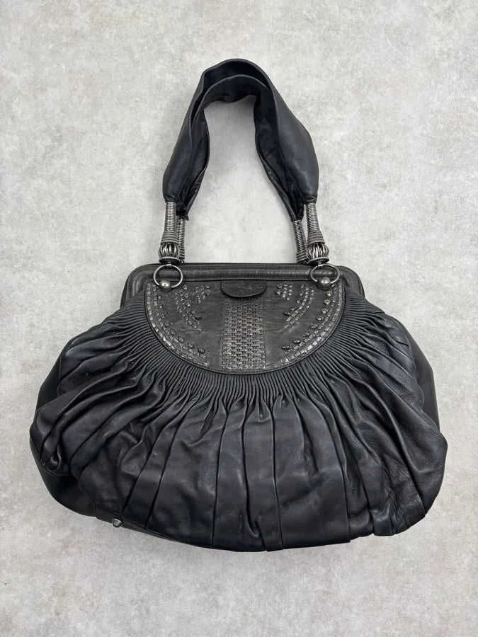 SS2007 Christian Dior Black Leather Pleated Embroidered Handle Bag hpNFOqs 11