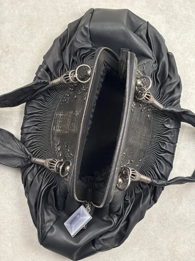 SS2007 Christian Dior Black Leather Pleated Embroidered Handle Bag hpNFOqs 18
