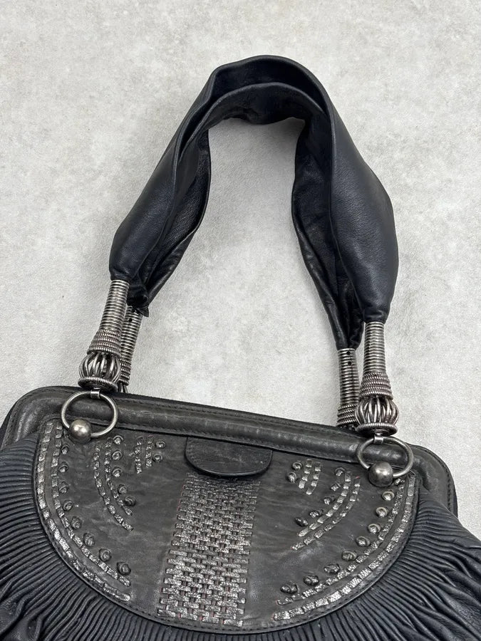 SS2007 Christian Dior Black Leather Pleated Embroidered Handle Bag hpNFOqs 12