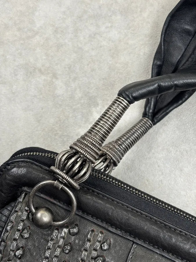 SS2007 Christian Dior Black Leather Pleated Embroidered Handle Bag hpNFOqs 10
