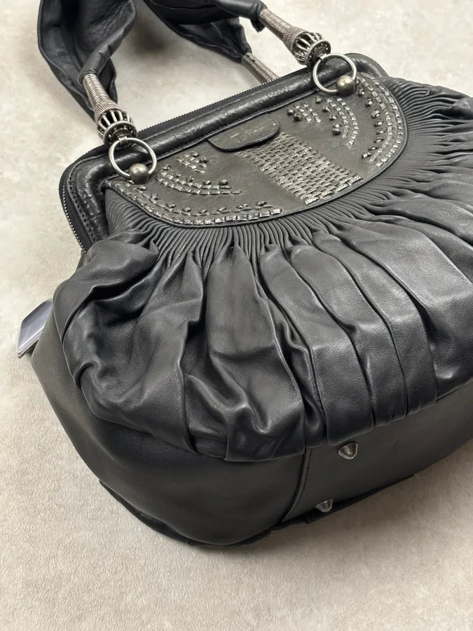 SS2007 Christian Dior Black Leather Pleated Embroidered Handle Bag hpNFOqs 6