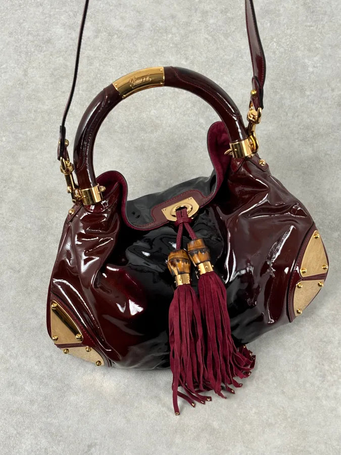 SS2009 Gucci Indy Bordeaux Red Patent Leather Bamboo Handle Bag KlsSosP 8