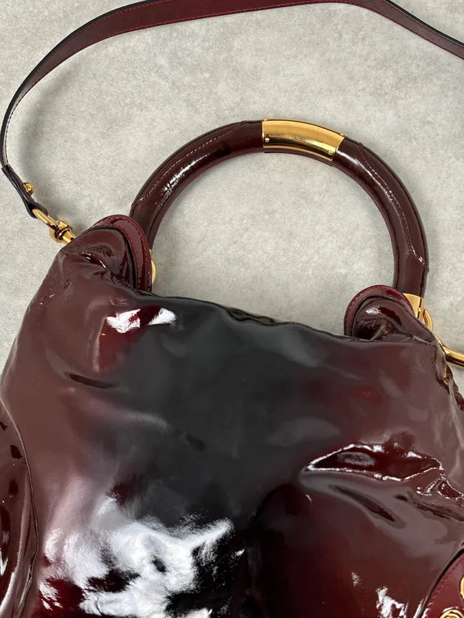 SS2009 Gucci Indy Bordeaux Red Patent Leather Bamboo Handle Bag KlsSosP 6