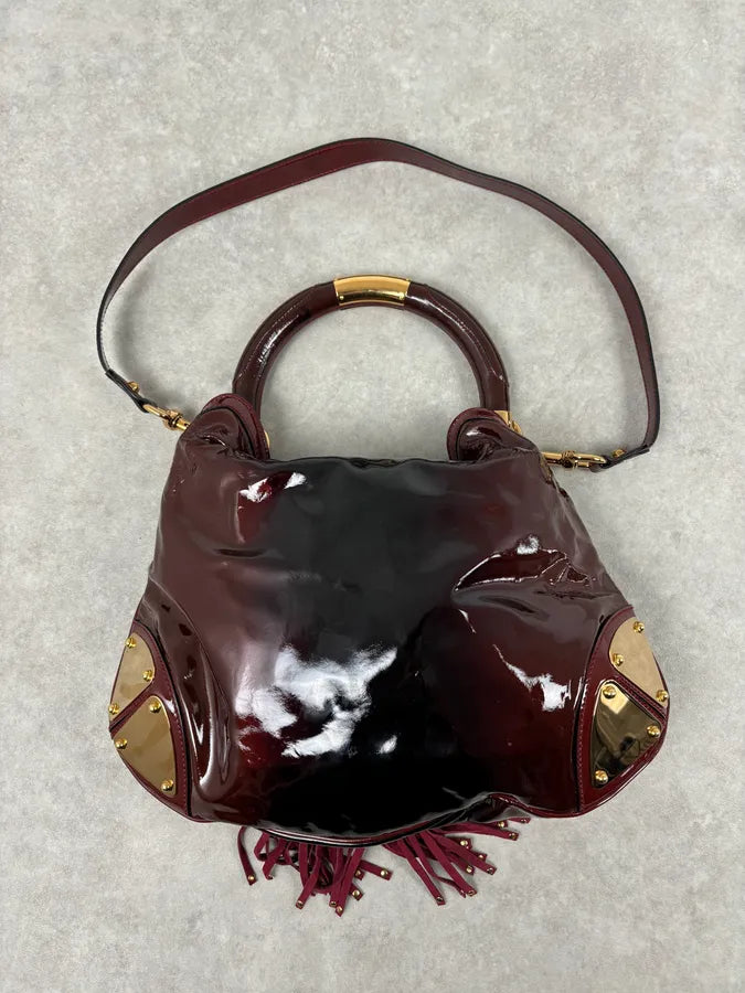 SS2009 Gucci Indy Bordeaux Red Patent Leather Bamboo Handle Bag KlsSosP 5