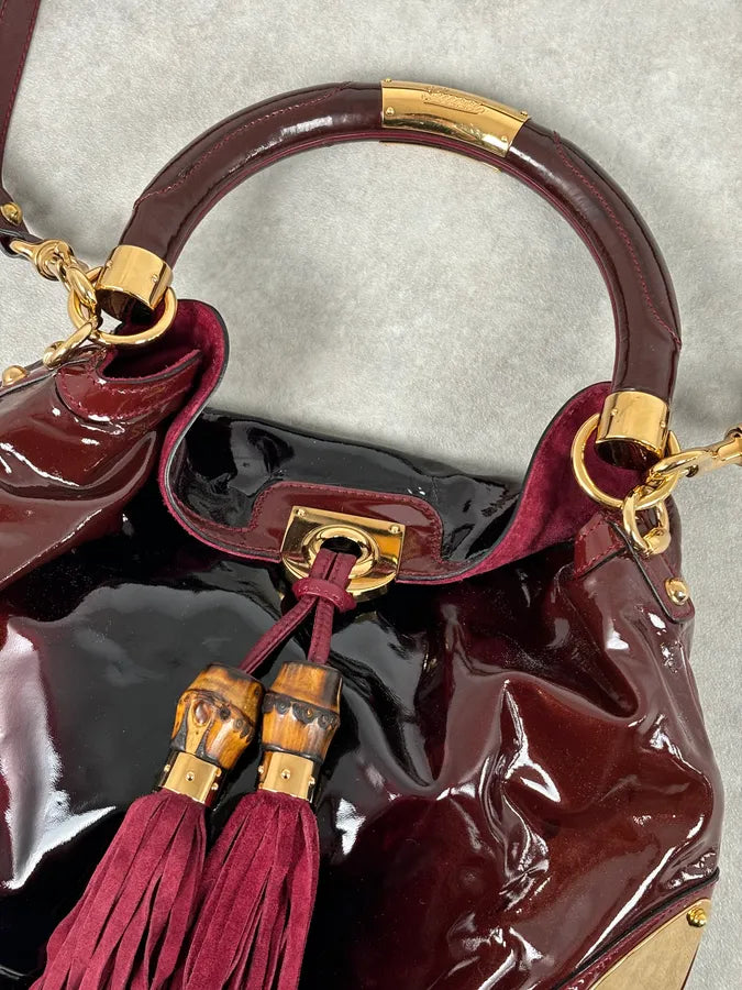 SS2009 Gucci Indy Bordeaux Red Patent Leather Bamboo Handle Bag KlsSosP 12