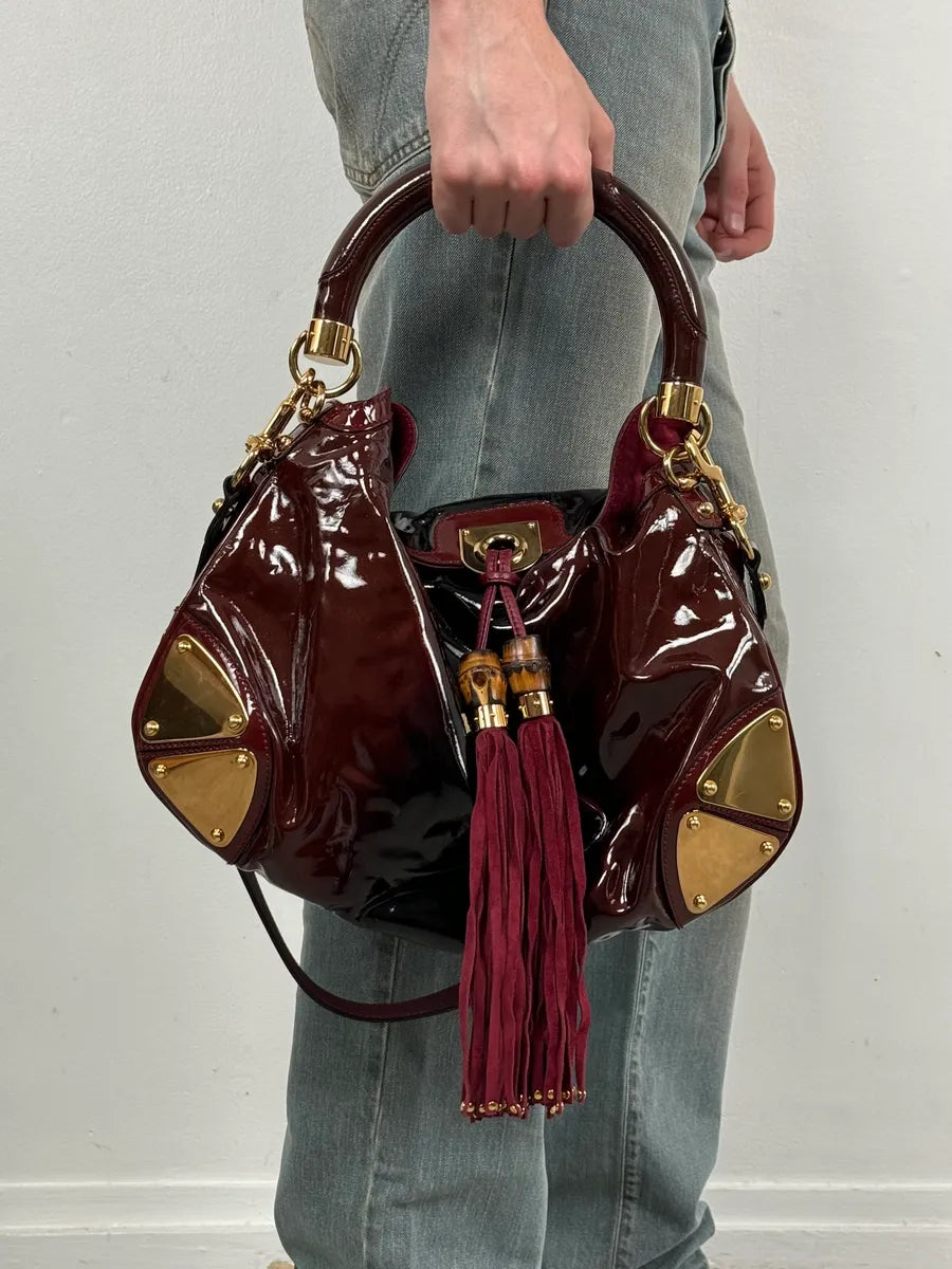 SS2009 Gucci Indy Bordeaux Red Patent Leather Bamboo Handle Bag KlsSosP 0