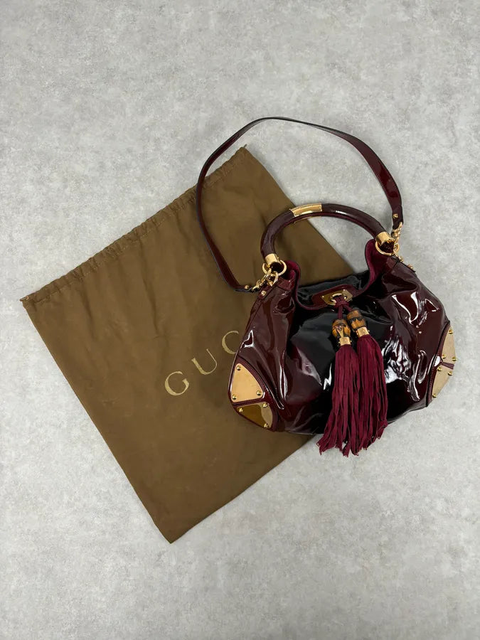SS2009 Gucci Indy Bordeaux Red Patent Leather Bamboo Handle Bag KlsSosP 2