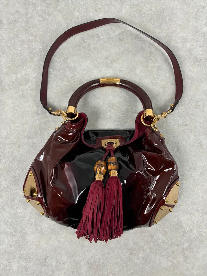 SS2009 Gucci Indy Bordeaux Red Patent Leather Bamboo Handle Bag KlsSosP 3