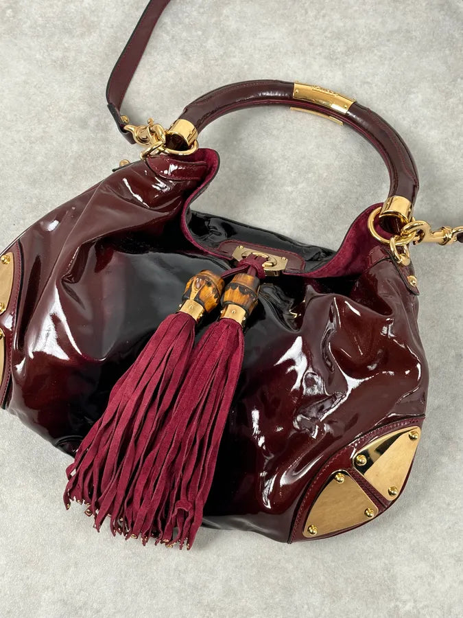 SS2009 Gucci Indy Bordeaux Red Patent Leather Bamboo Handle Bag KlsSosP 11