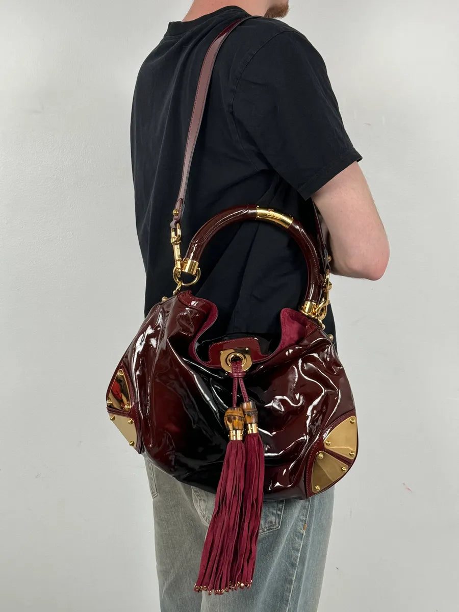 SS2009 Gucci Indy Bordeaux Red Patent Leather Bamboo Handle Bag KlsSosP 1
