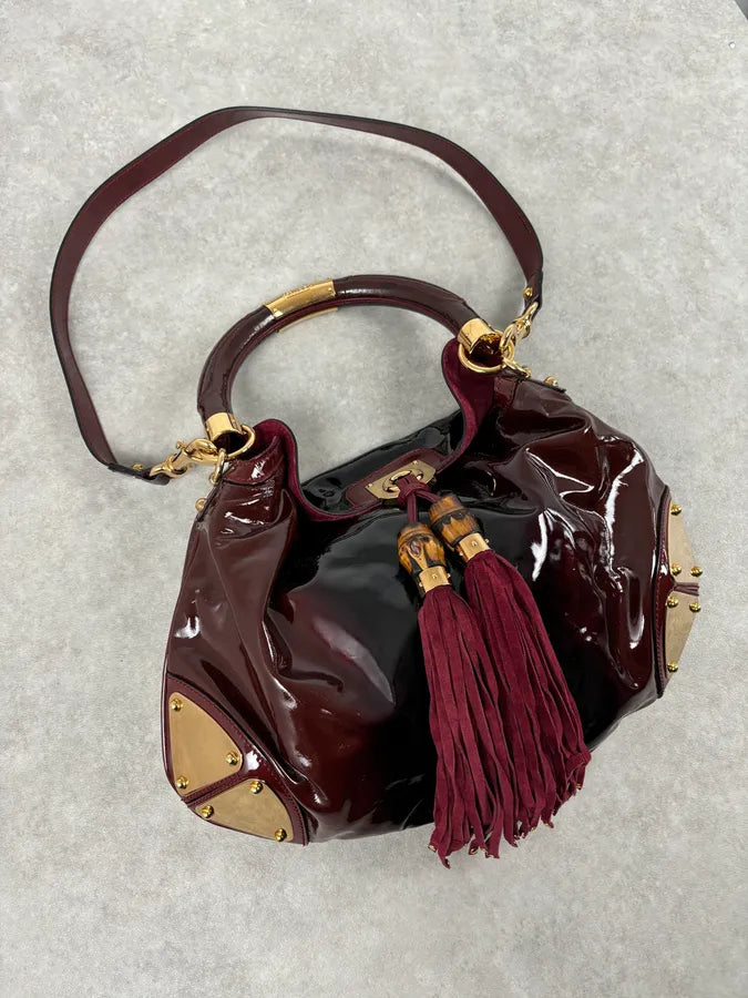 SS2009 Gucci Indy Bordeaux Red Patent Leather Bamboo Handle Bag KlsSosP 4