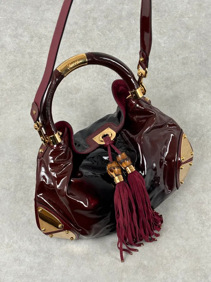 SS2009 Gucci Indy Bordeaux Red Patent Leather Bamboo Handle Bag KlsSosP 7