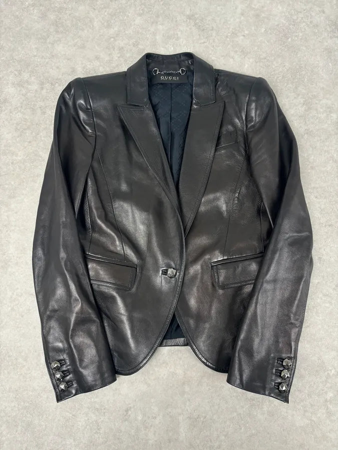 FW2001 Gucci Black Leather Minimal Blazer Jacket by Tom Ford poZspvA 0