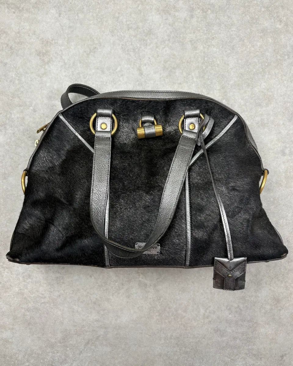 AW2008 Yves Saint Laurent Black Leather Pony Hair Muse Handle Bag DqKWbhD 0