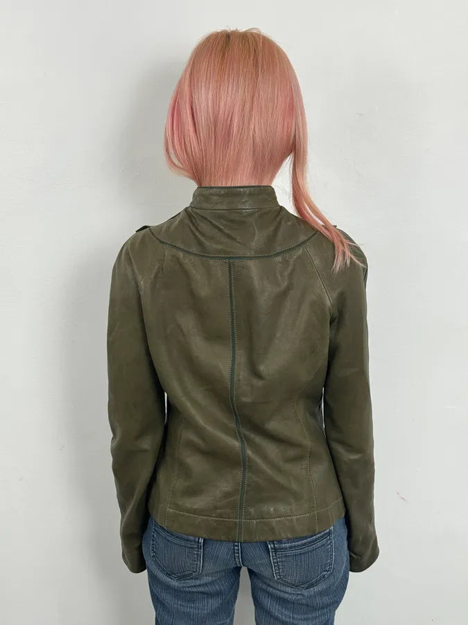 AW2009 Emporio Armani Green Lamb Skin Ruffle Collar Jacket nsjFwmp 2