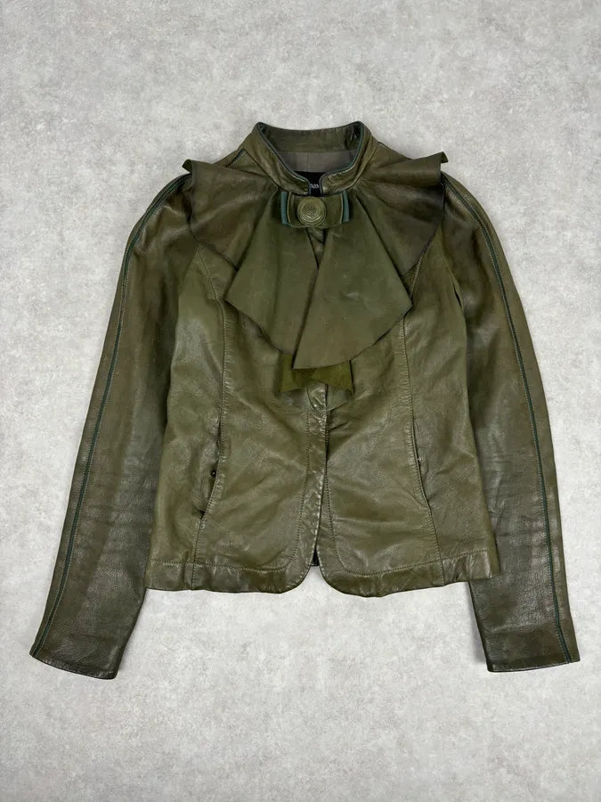 AW2009 Emporio Armani Green Lamb Skin Ruffle Collar Jacket nsjFwmp 0