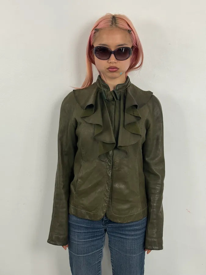 AW2009 Emporio Armani Green Lamb Skin Ruffle Collar Jacket nsjFwmp 1