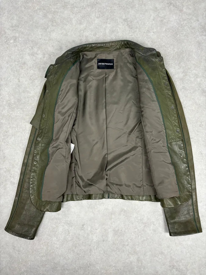 AW2009 Emporio Armani Green Lamb Skin Ruffle Collar Jacket nsjFwmp 6