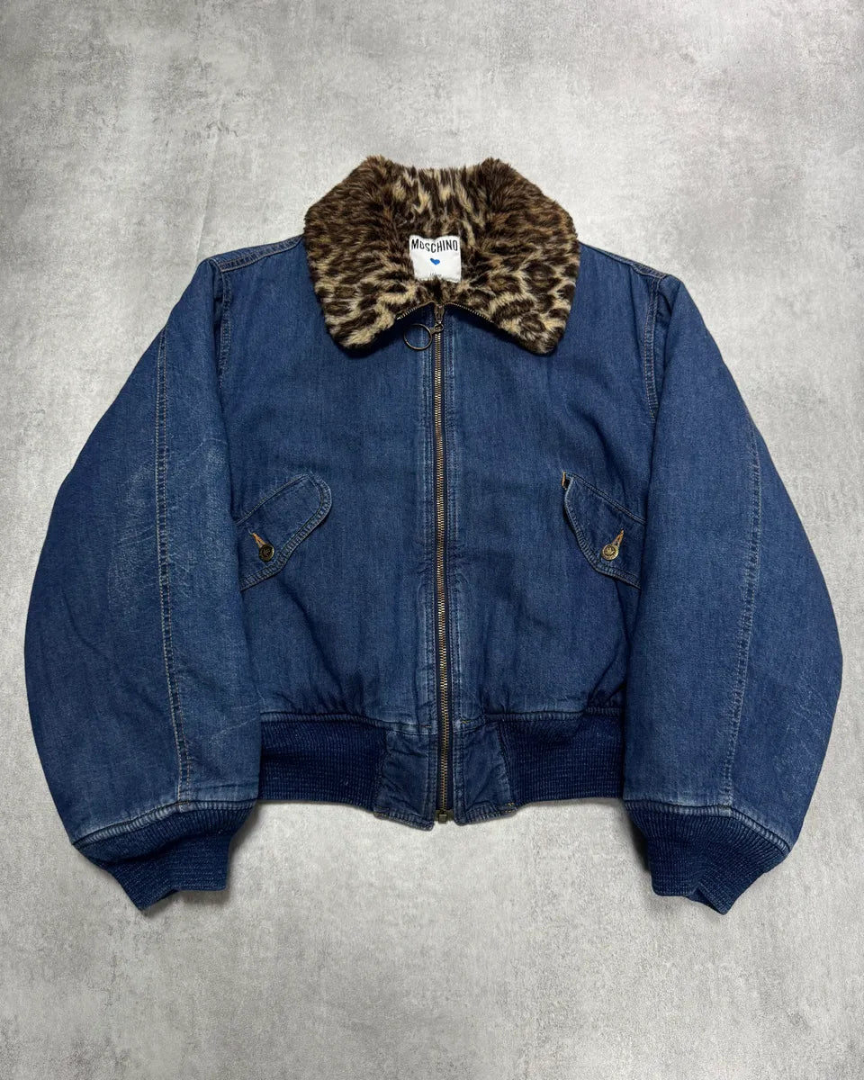 200s Moschino Denim Leopard Lining Bomber Jacket (S) 0