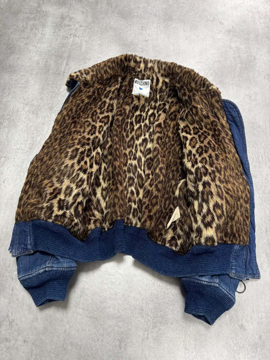 200s Moschino Denim Leopard Lining Bomber Jacket (S) 1