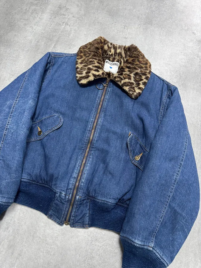 200s Moschino Denim Leopard Lining Bomber Jacket (S) 2