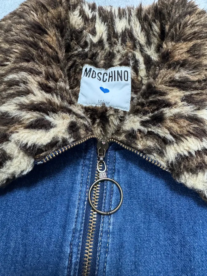 200s Moschino Denim Leopard Lining Bomber Jacket (S) 4