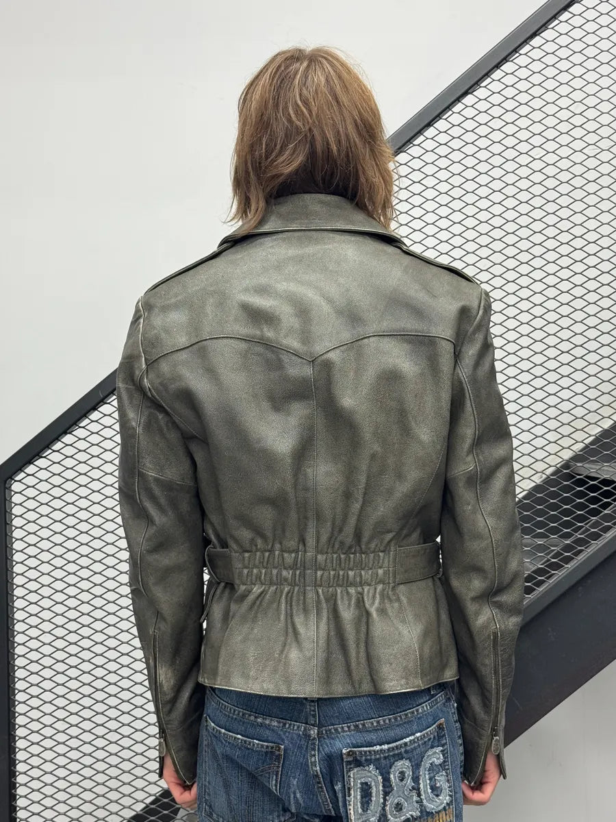 2010s Alexander McQueen Faded Grey Leather Belted Jacket sSPqbCX 2