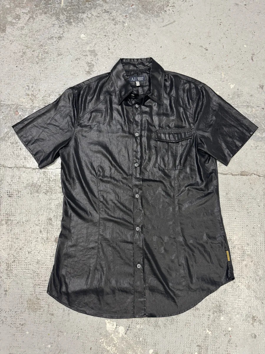 2010s Armani Black Waxed Effect Short Sleeves Shirt RgOAVKk 0