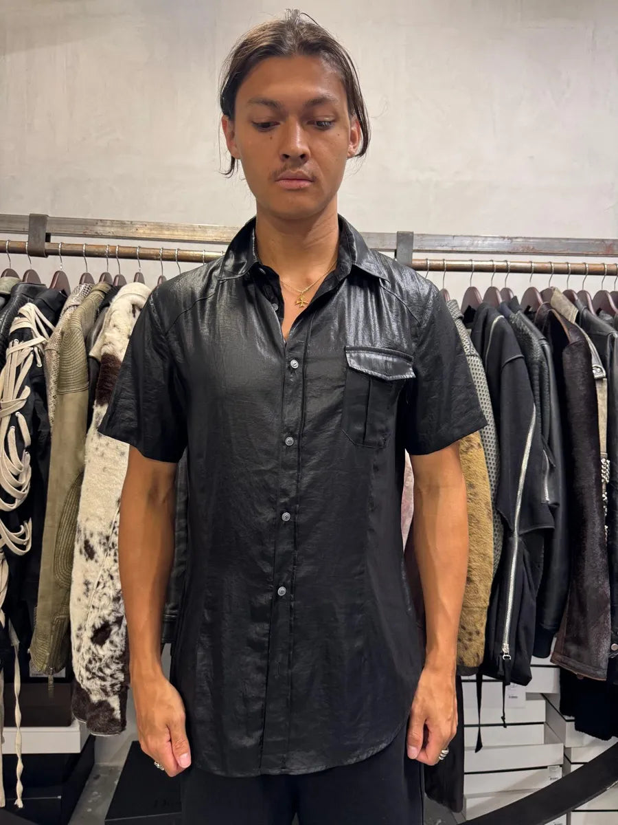 2010s Armani Black Waxed Effect Short Sleeves Shirt RgOAVKk 1