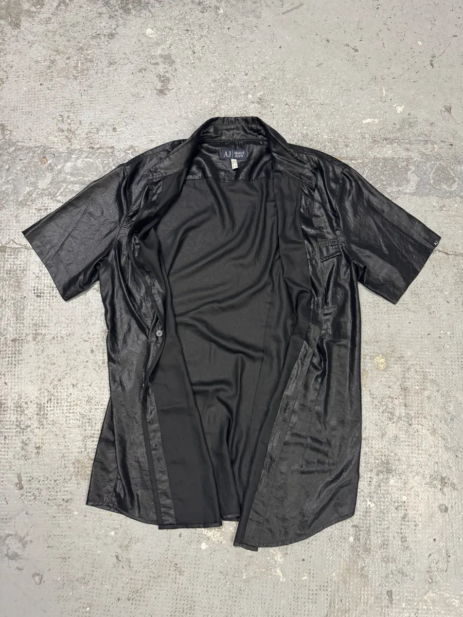 2010s Armani Black Waxed Effect Short Sleeves Shirt RgOAVKk 4