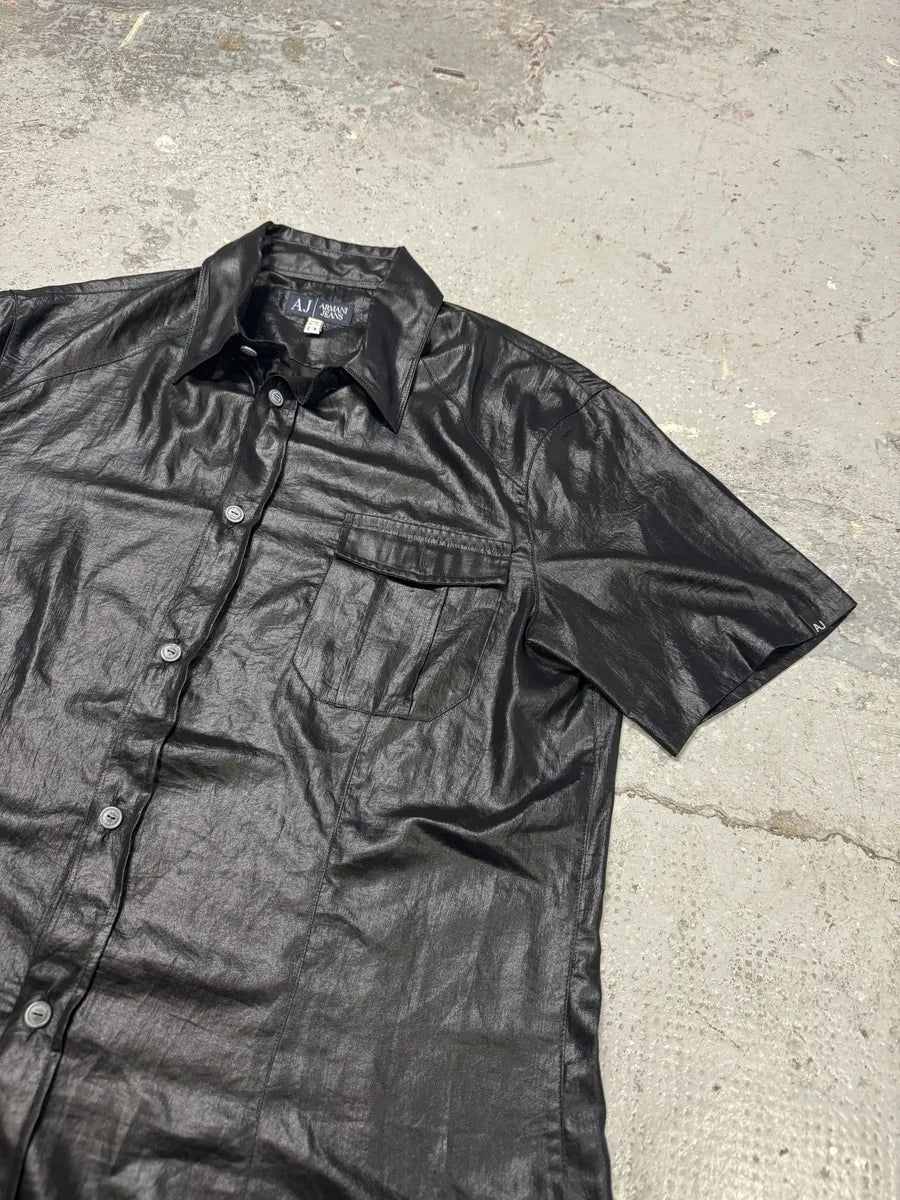 2010s Armani Black Waxed Effect Short Sleeves Shirt RgOAVKk 5