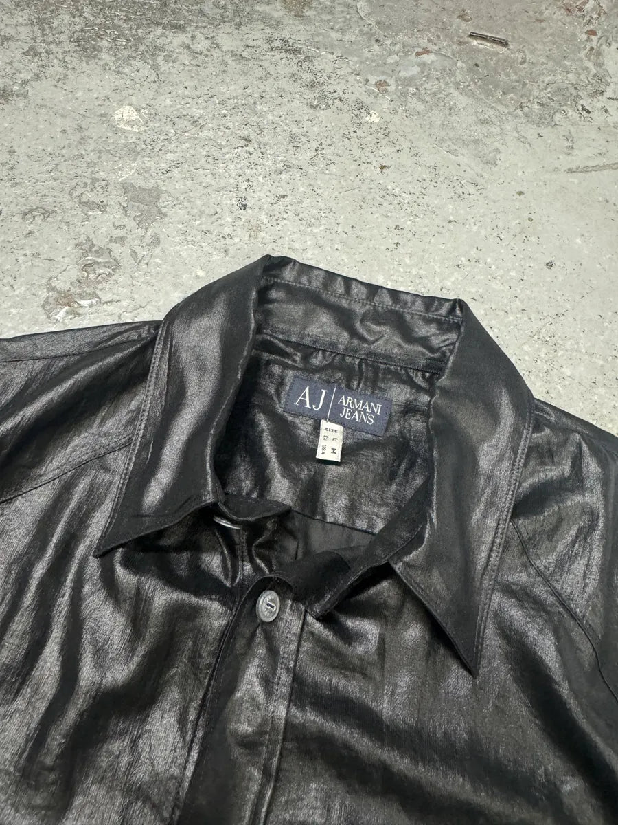 2010s Armani Black Waxed Effect Short Sleeves Shirt RgOAVKk 8
