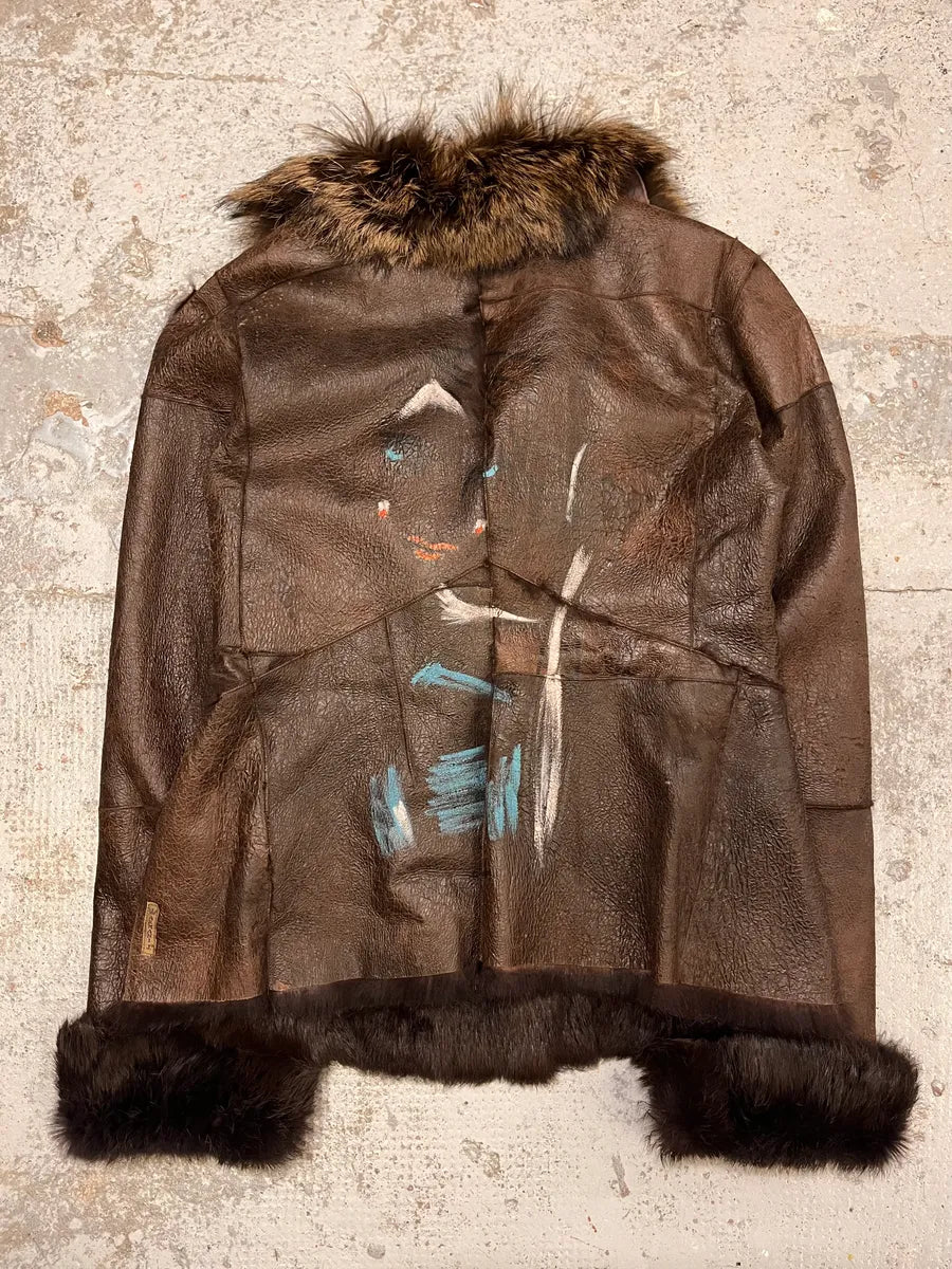 2010s Armani Fur Collar Painted  Brown Leather Jacket FYBroXb 0