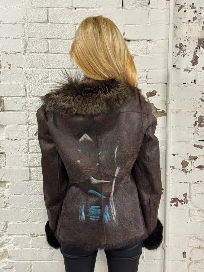 2010s Armani Fur Collar Painted  Brown Leather Jacket FYBroXb 2