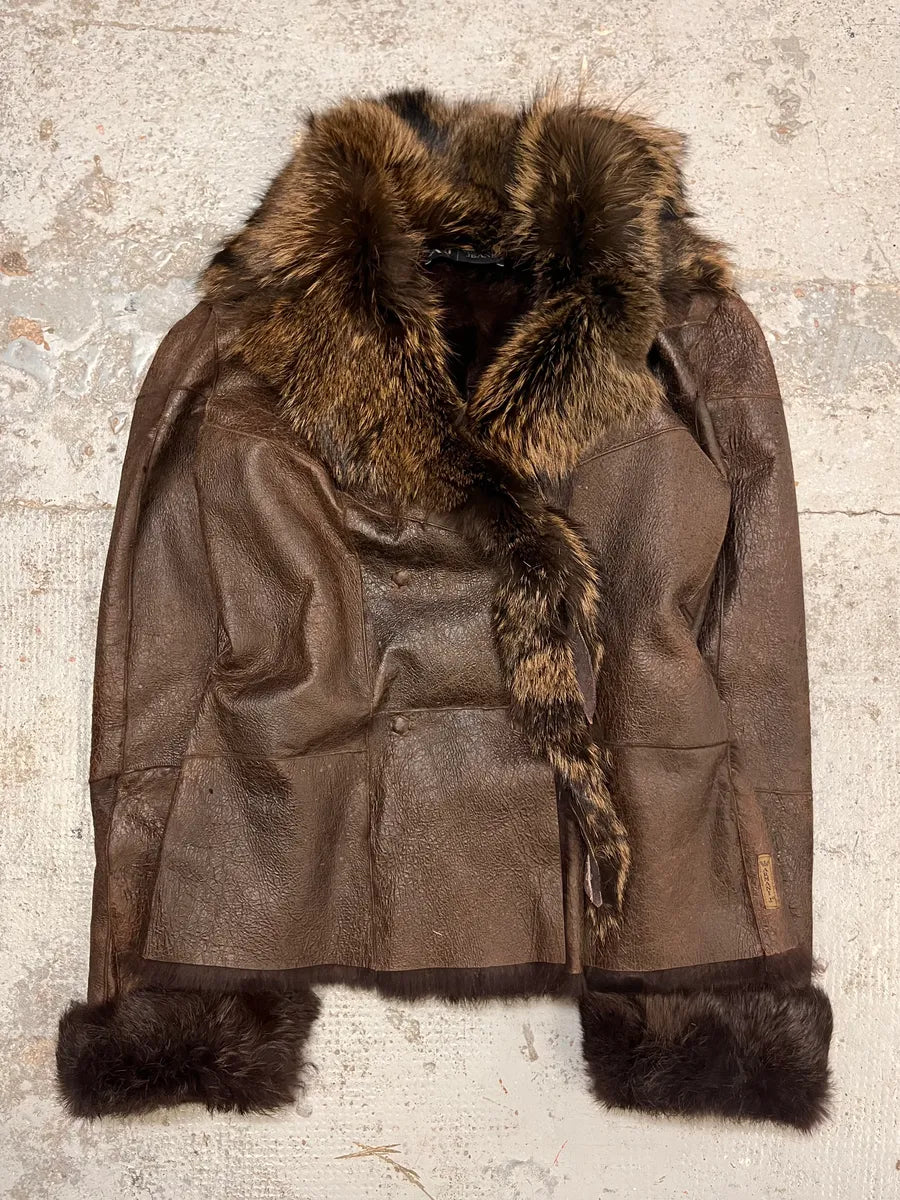 2010s Armani Fur Collar Painted  Brown Leather Jacket FYBroXb 9