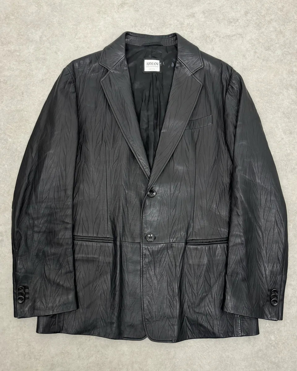 2010s Armani Leaves Embossed Black Leather Blazer Jacket SbsuHla 0