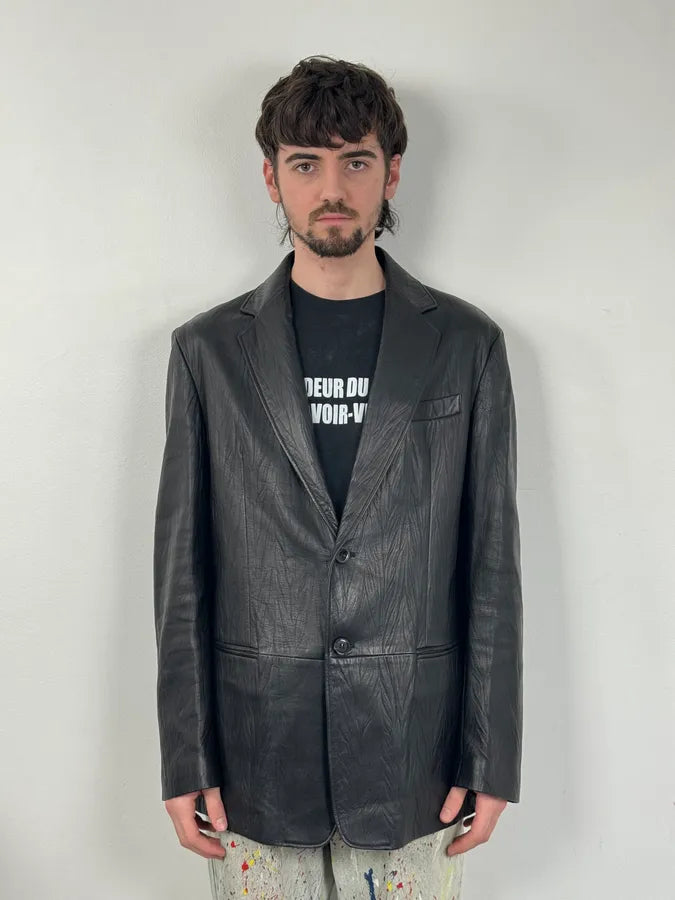 2010s Armani Leaves Embossed Black Leather Blazer Jacket SbsuHla 1