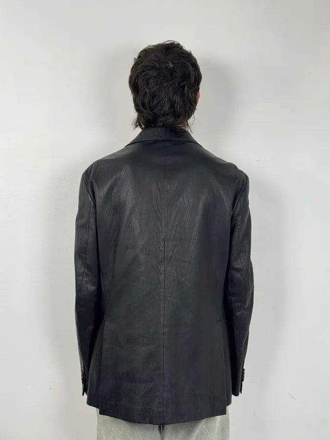 2010s Armani Leaves Embossed Black Leather Blazer Jacket SbsuHla 2