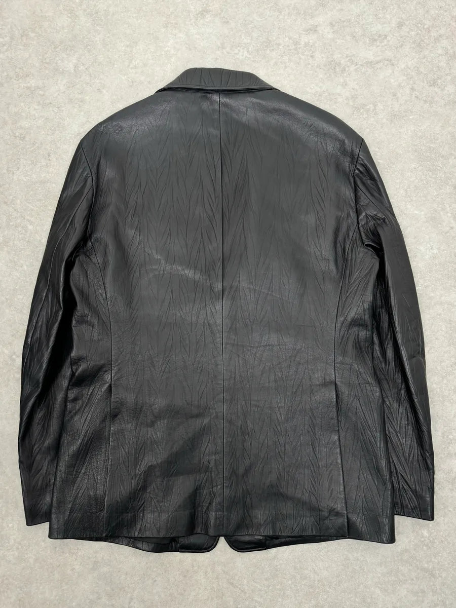 2010s Armani Leaves Embossed Black Leather Blazer Jacket SbsuHla 6