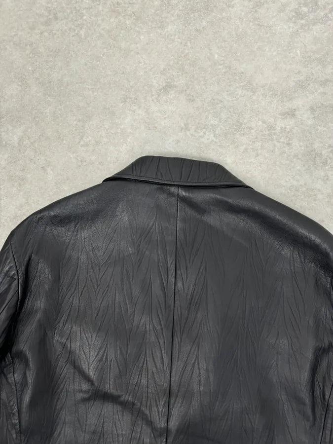 2010s Armani Leaves Embossed Black Leather Blazer Jacket SbsuHla 7