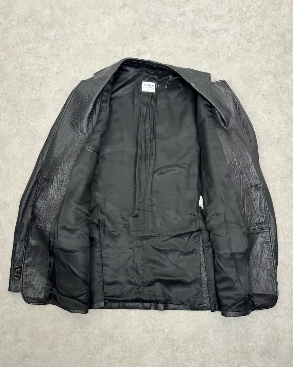 2010s Armani Leaves Embossed Black Leather Blazer Jacket SbsuHla 9