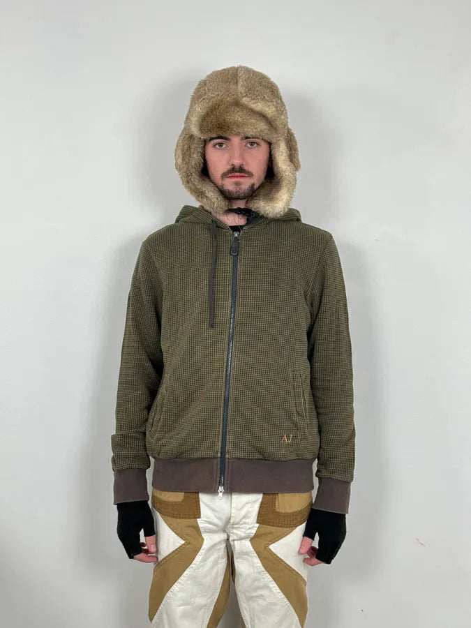 2010s Armani Olive Checkered Zip-up Hoodie tzyQJZt 1