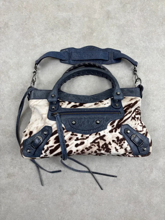 2010s Balenciaga City Cow Pony Hair Navy Leather Bag kEuneDV 3