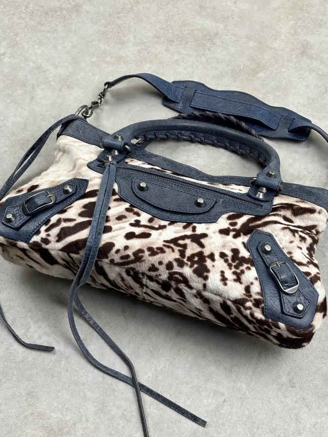 2010s Balenciaga City Cow Pony Hair Navy Leather Bag kEuneDV 9